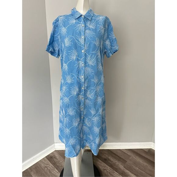 NWT 120% Lino Button Front Short Sleeve Embroidered Linen Shirt Dress Blue Sz 46 - Picture 2 of 9